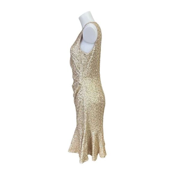 Eliza J Gold Sequin Sleeveless Flapper Dress Ruched Side Ruffled Hem Sz‎ 8 - Picture 5 of 10